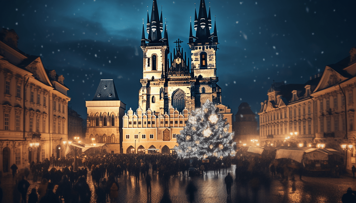 Χριστουγεννιάτικη αγορά στην Τσεχία με φωτισμένα σπιτάκια και στολισμένο δέντρο